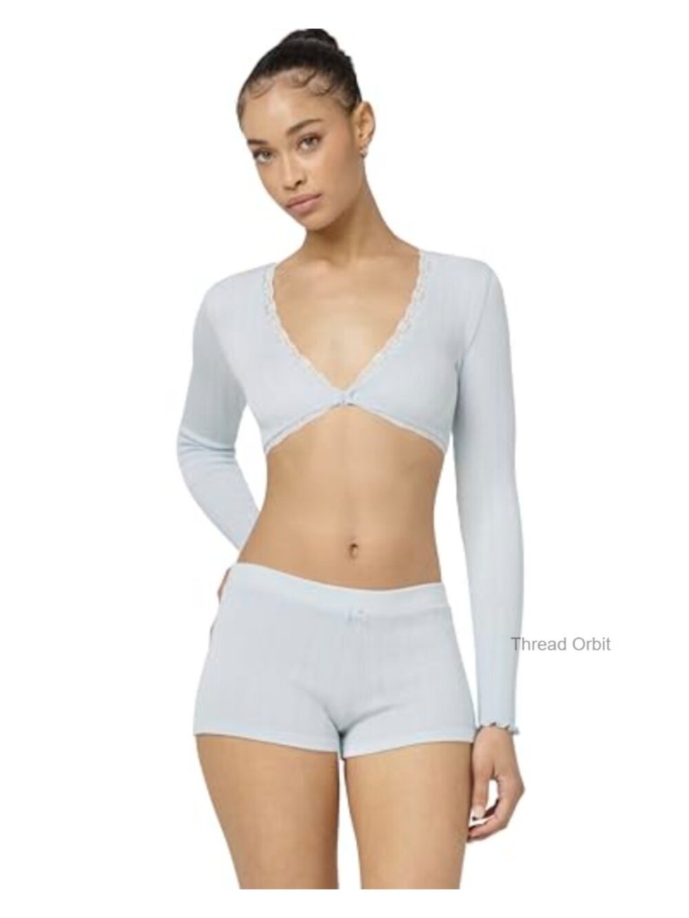 Pointelle Tie Front Long Sleeve V-Neck Top Relaxed Fit Pullover